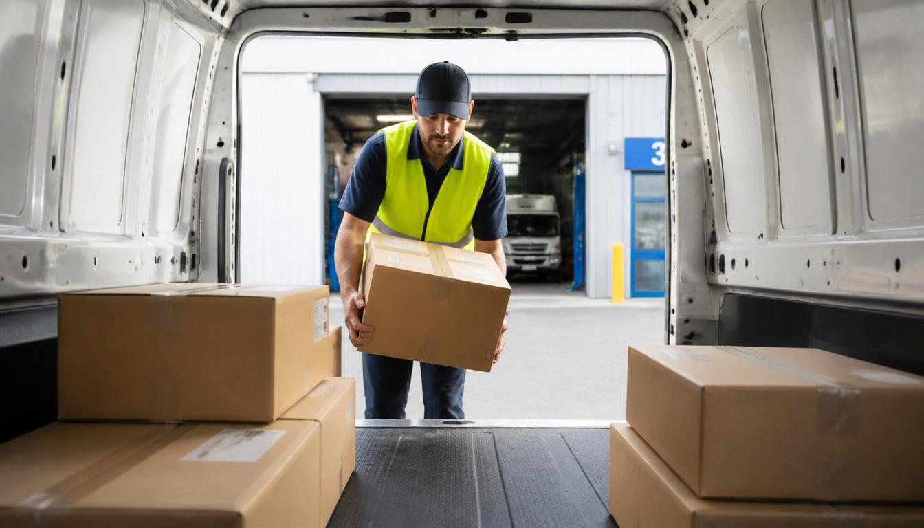 automotive driver unloading sealed boxes from inside the van