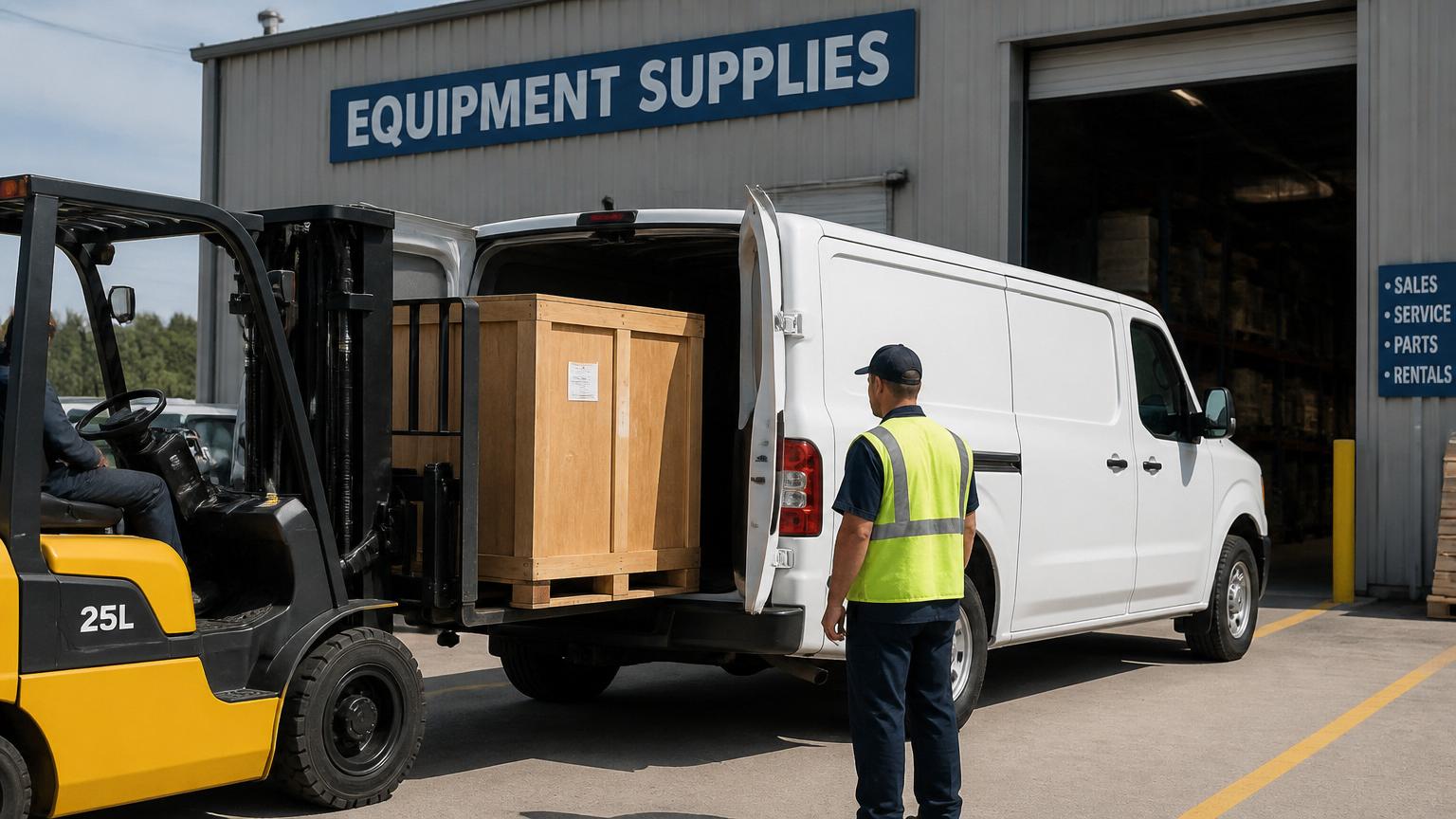 heavy machinery part being loaded into a cargo van from an equipment supplier