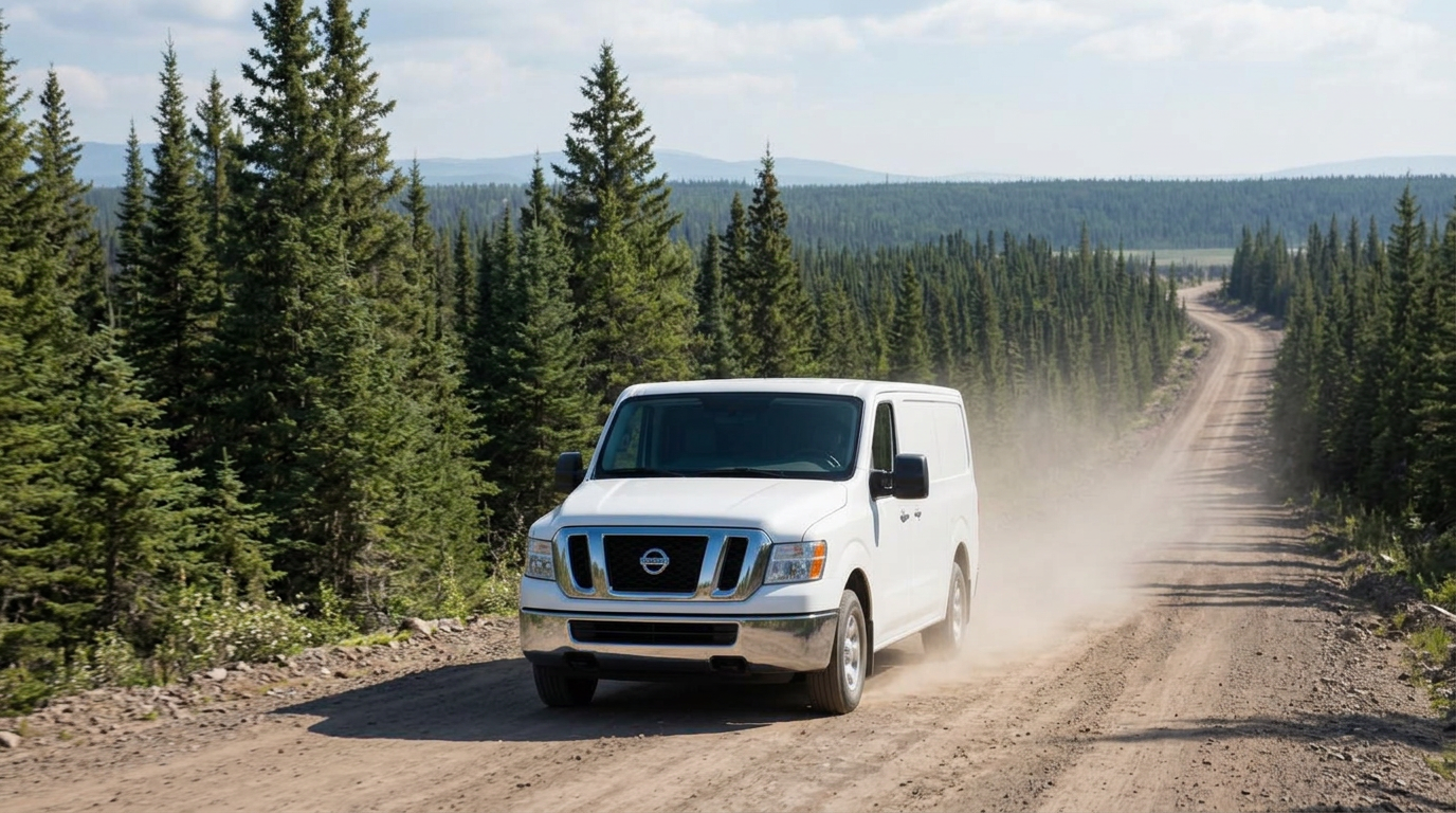 white Nissan NV3500 cargo van driving on a sandy mining road through trees to a remote mine site